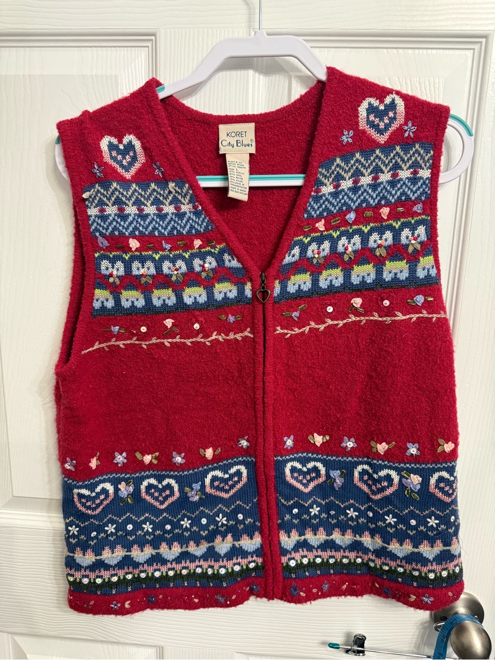 Vintage Koret City Blues Wool Blend Sweater Vest L Embroidered Cottagecore